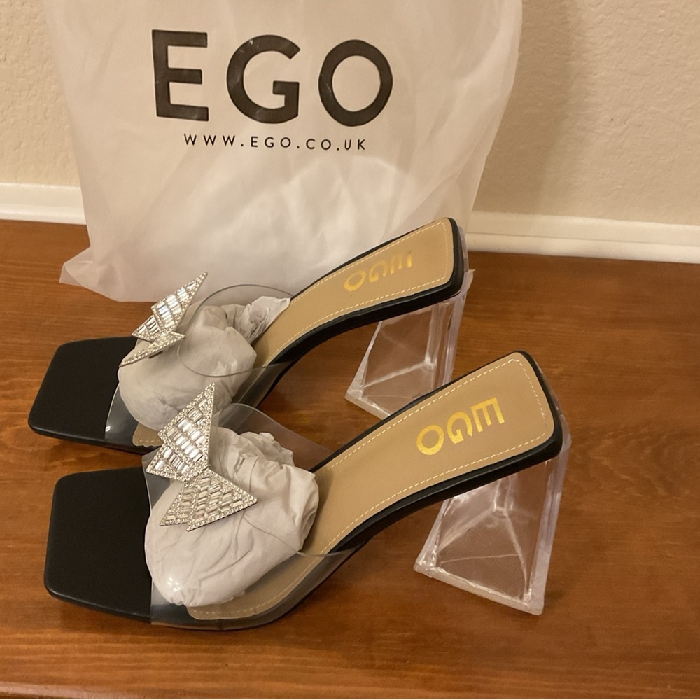 EGO Womens Clear Open Toe Slip-On Butterfly Block Heel Pump Heels Size 9